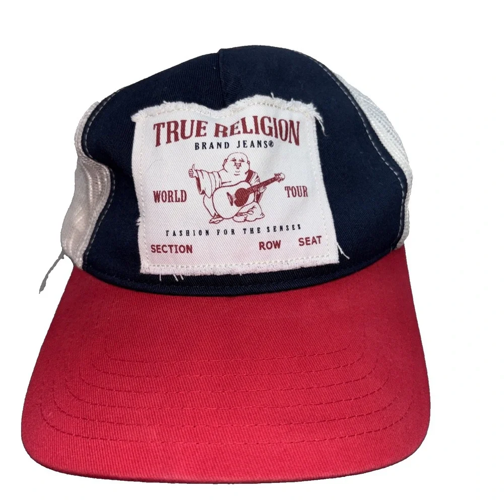 Vintage True Religion Snapback Trucker Hat Cap Blue Red Mesh Frayed Y2K 2000s